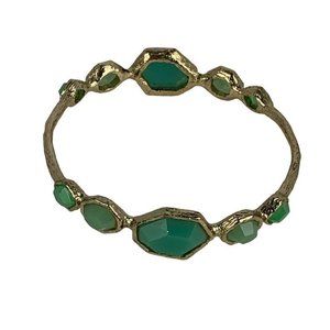 Gold Tone &‎ Jade Green Stones Bangle Bracelet Artisan Made Faceted Textured